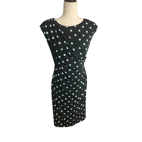 Connected Apparel sleeveless career dress black blue/green polka dots women's 8 - Picture 1 of 6